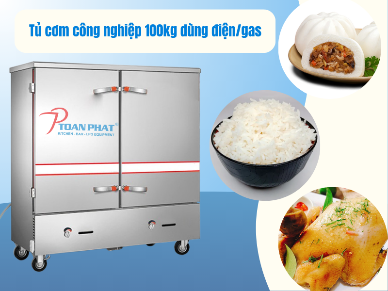 Tủ nấu cơm công nghiệp 100kg dùng điện/gas chính hãng | Giá tốt