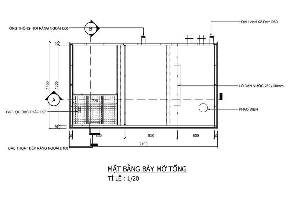 Bản vẽ mặt bằng bể tách mỡ tổng do Toàn Phát thiết kế cho siêu thị Co.opmart