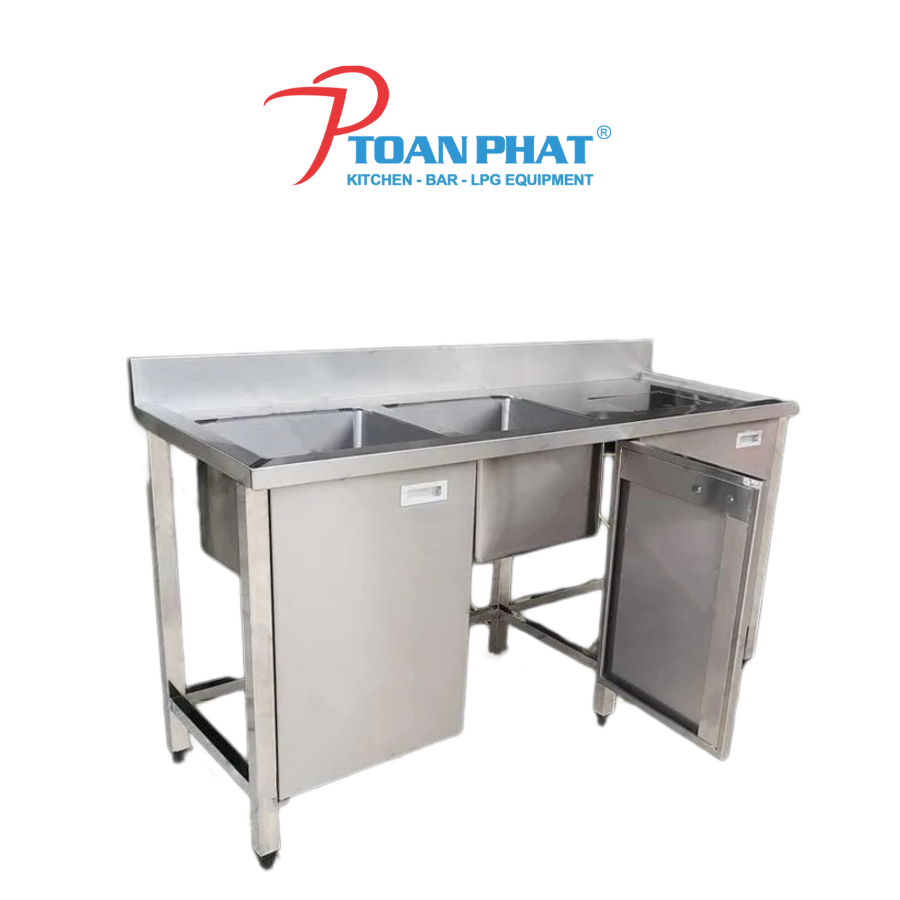 BỒN RỬA CHÉN 2 NGĂN CÓ CỬA MỞ KÈM LỖ XẢ RÁC