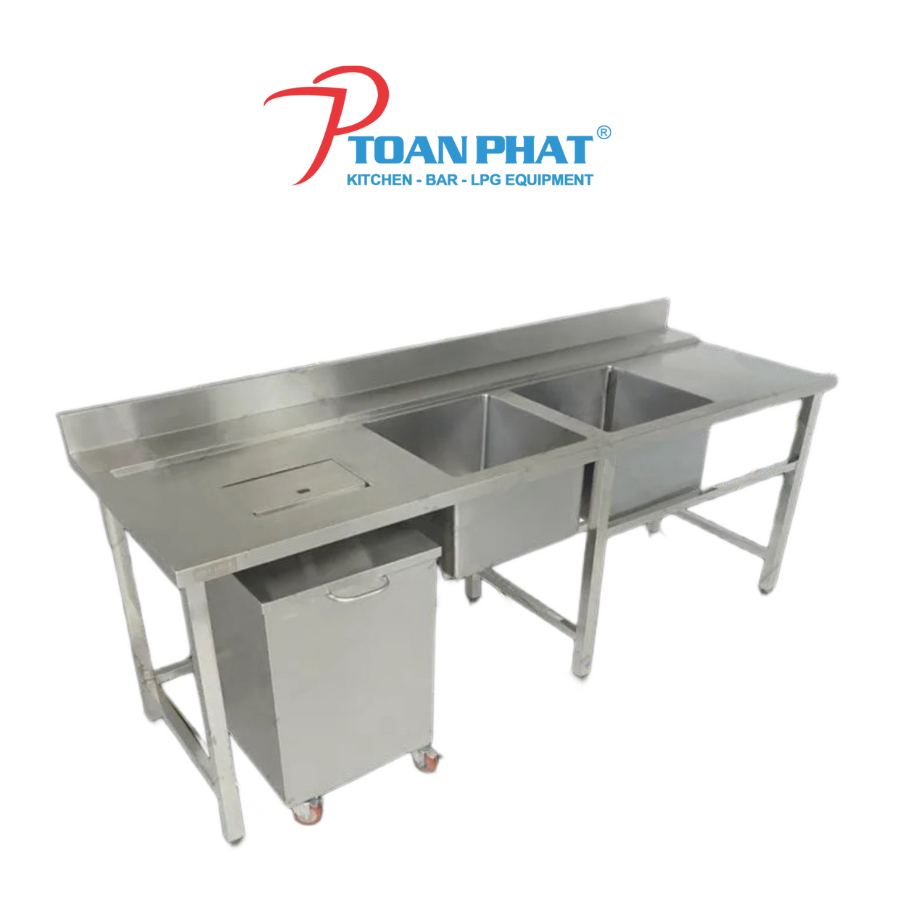 BỒN RỬA CHÉN INOX 2 NGĂN CÓ THÙNG XẢ RÁC